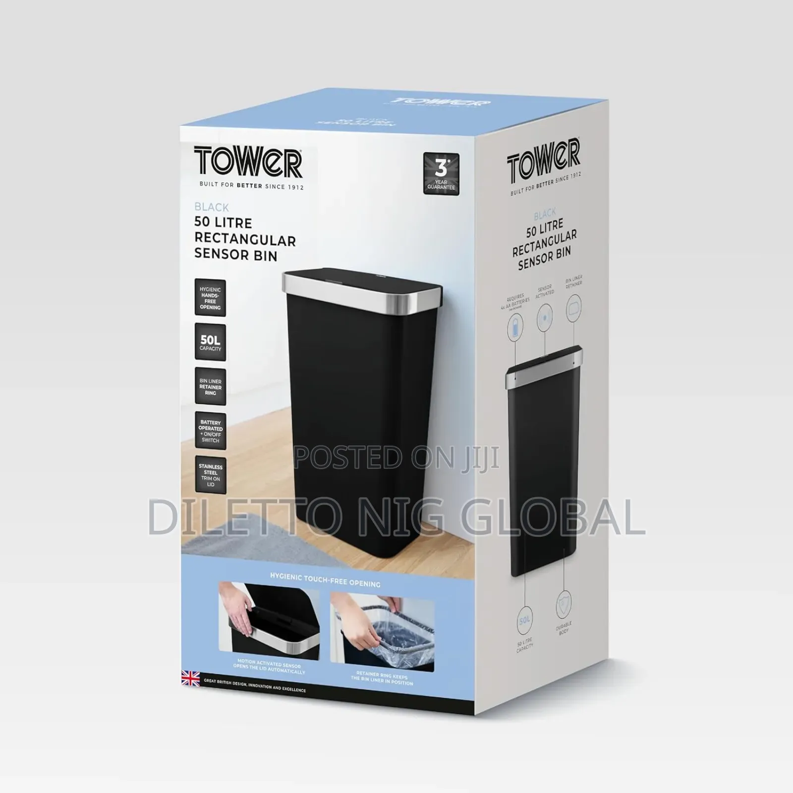 Tower 50l Sensor Bin With Bin Liner Retainer Ring, 50l