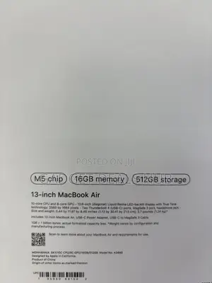 New Laptop Apple MacBook Air 2026 M5 13-inch 16GB Apple M5 SSD 512GB