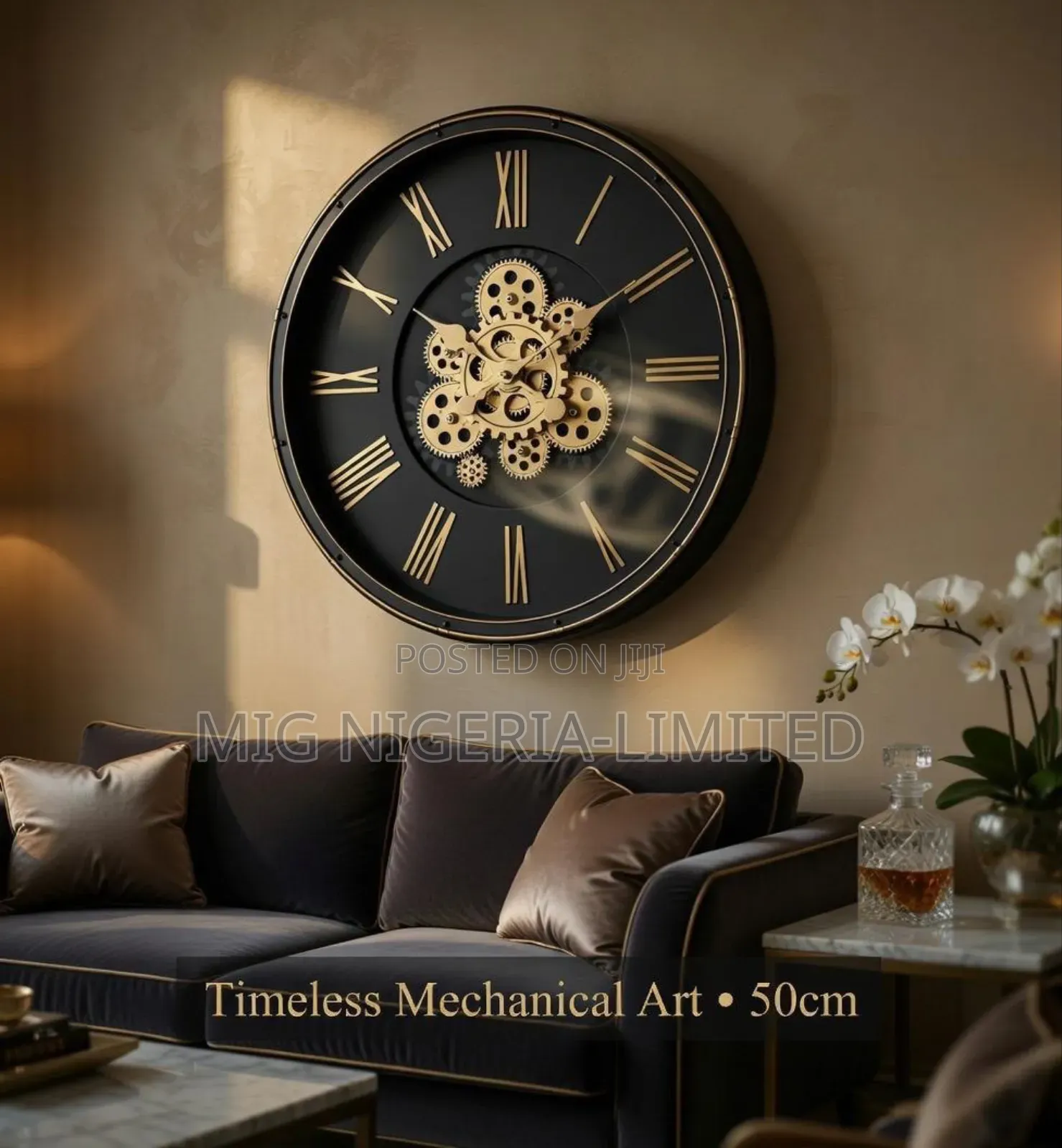 Mechanical Gear Ventile Black Wall Clock Home Decor Silent Clock 50cm