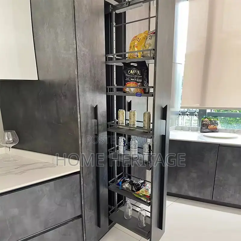 Elegant Grey Pull-Out Pantry – Modern Kitchen Storage Solution