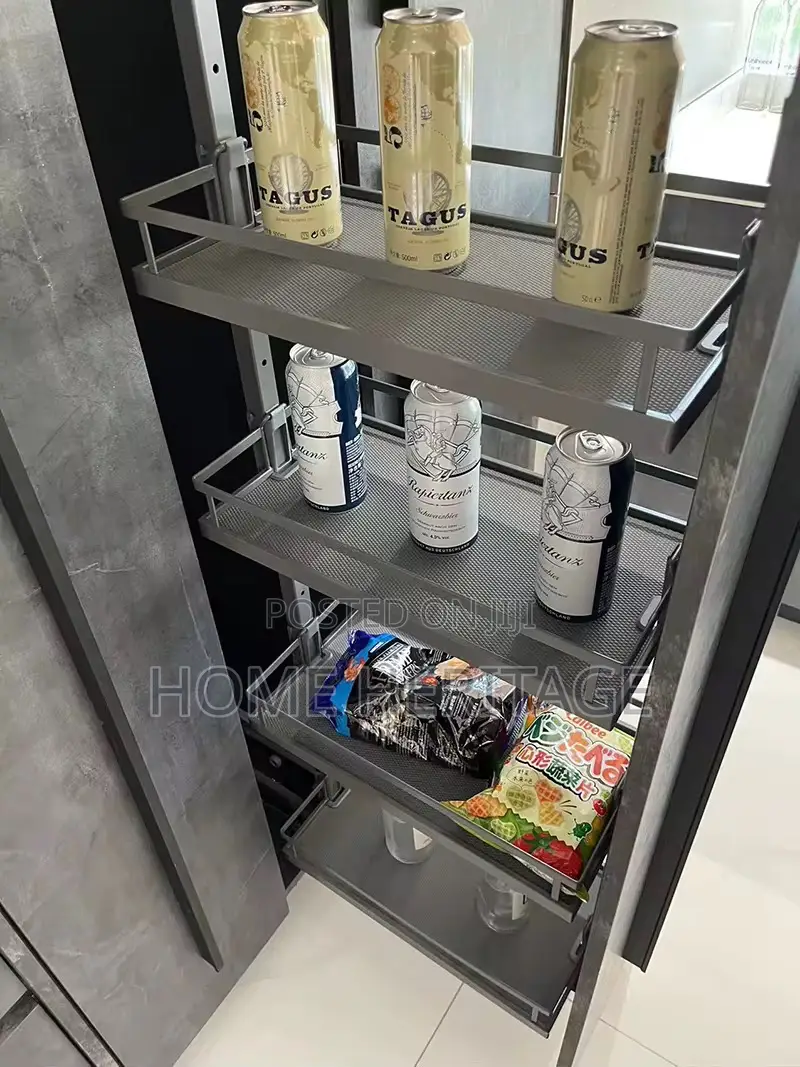 Elegant Grey Pull-Out Pantry – Modern Kitchen Storage Solution