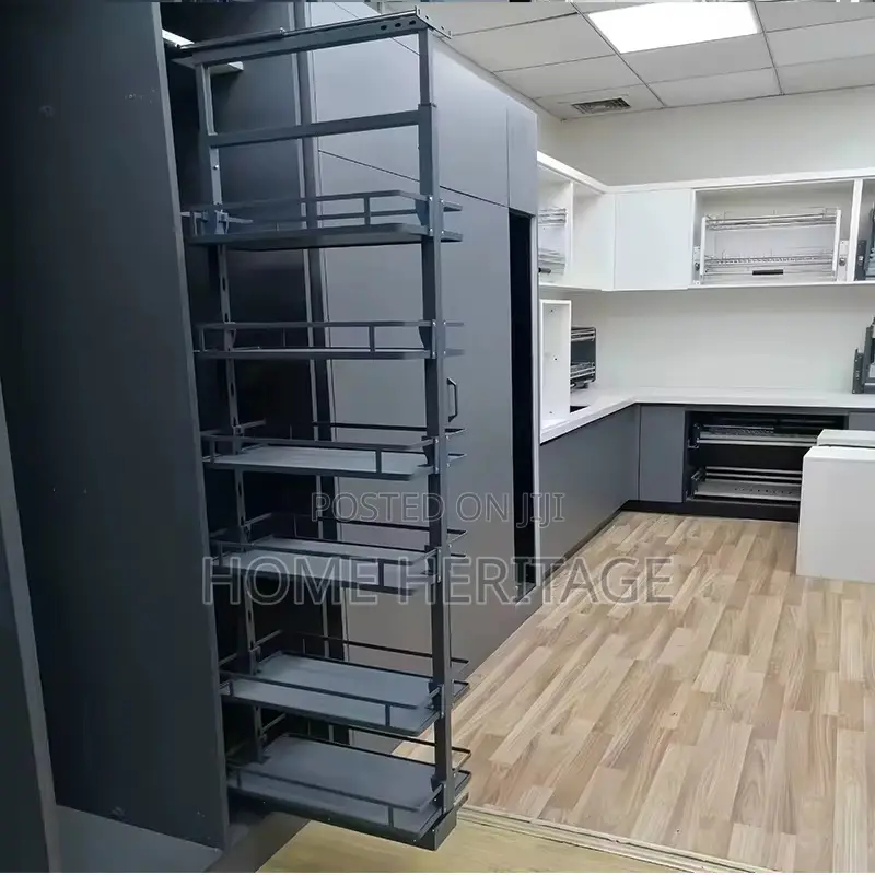 Elegant Grey Pull-Out Pantry – Modern Kitchen Storage Solution