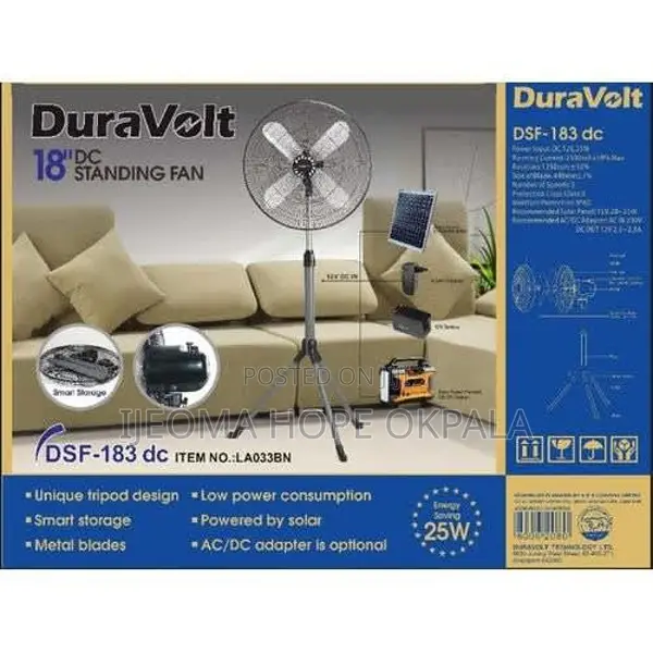 Duravolt 18" Dc Standing Fan, With Solar Rechargeable Pack 5in1