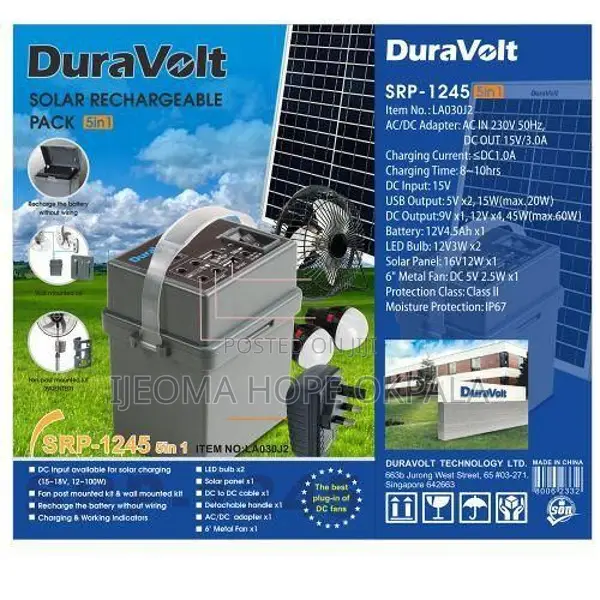 Duravolt 18" Dc Standing Fan, With Solar Rechargeable Pack 5in1