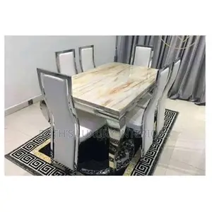 6 Seater Marble Dining Set - White Available in Gold and Silver Frame