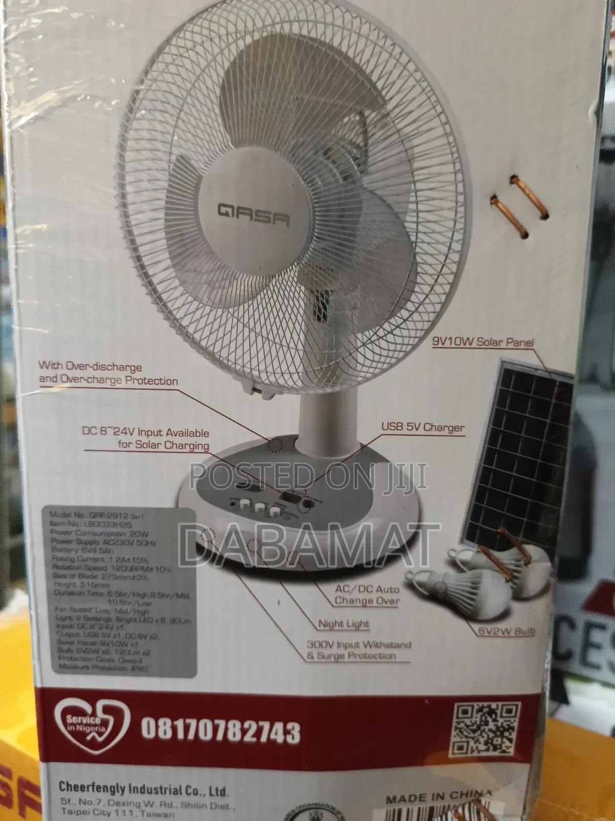 Qasa 12 Inches Table Top Rechargeable Solar Fan With Panel