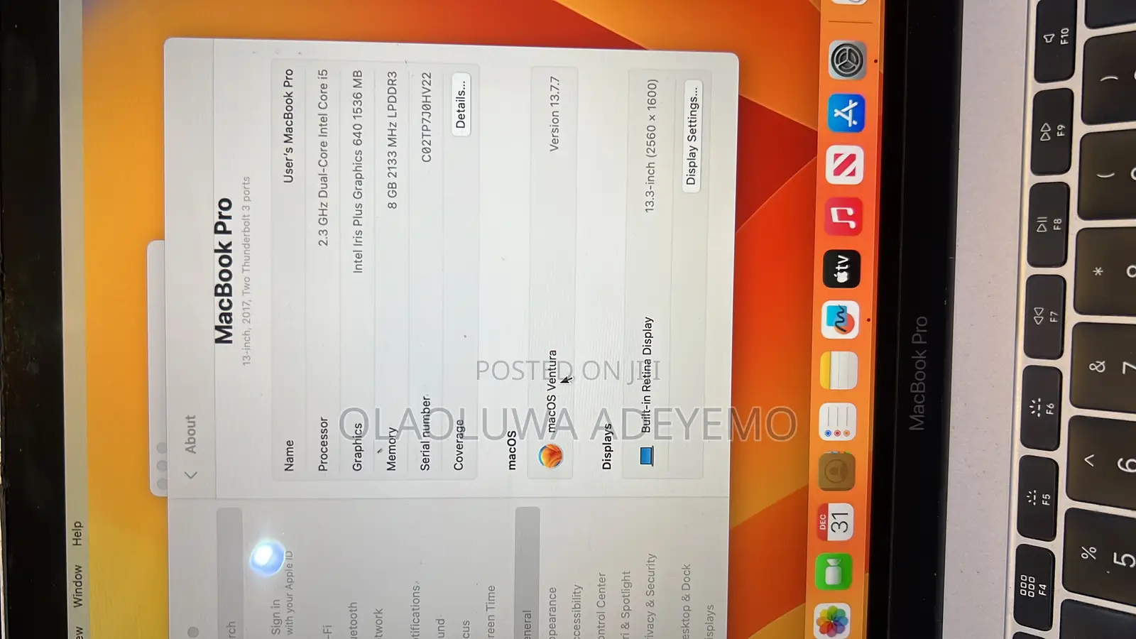 Laptop Apple MacBook Pro 2017 8GB Intel Core i5 SSD 128GB