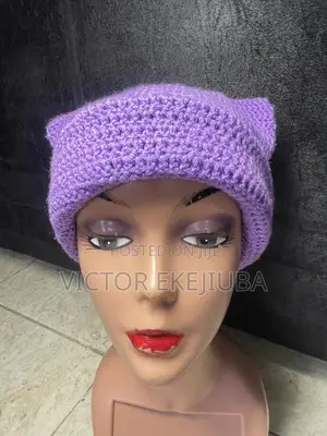 Handmade Unisex Crochet Beanie (Purple Cat-ear Cap) – Soft Stretchy