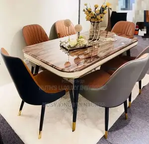 Luxurious Marble Dining Table With 6 Leather Seats