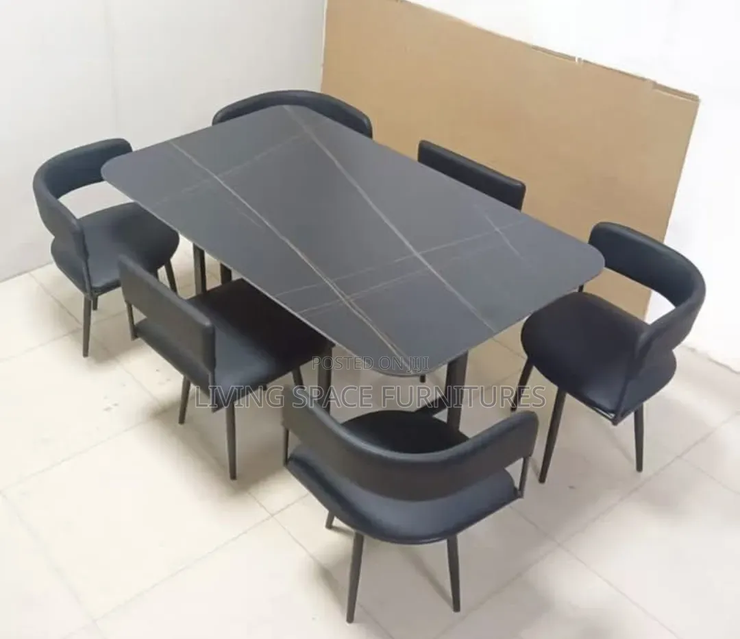 Marble Top Dining Table With Six Leather Chairs