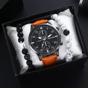 Men’S Wrist Watch Beaded Bracelet Gift Set—Classic Fashion (With Box