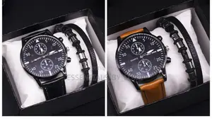 Men’S Quartz Wristwatch Bracelet Gift Set – Black/Brown Strap(Boxed)