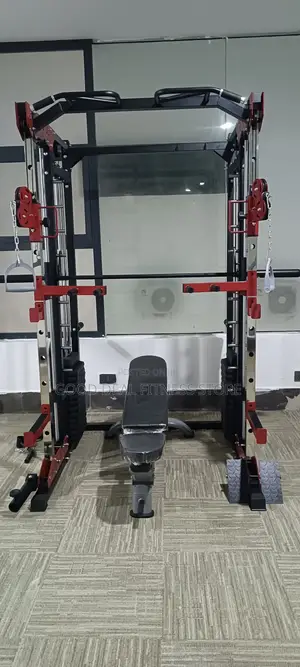 Commercial Squat Rack With Weights Stack and Adjustable Bench.