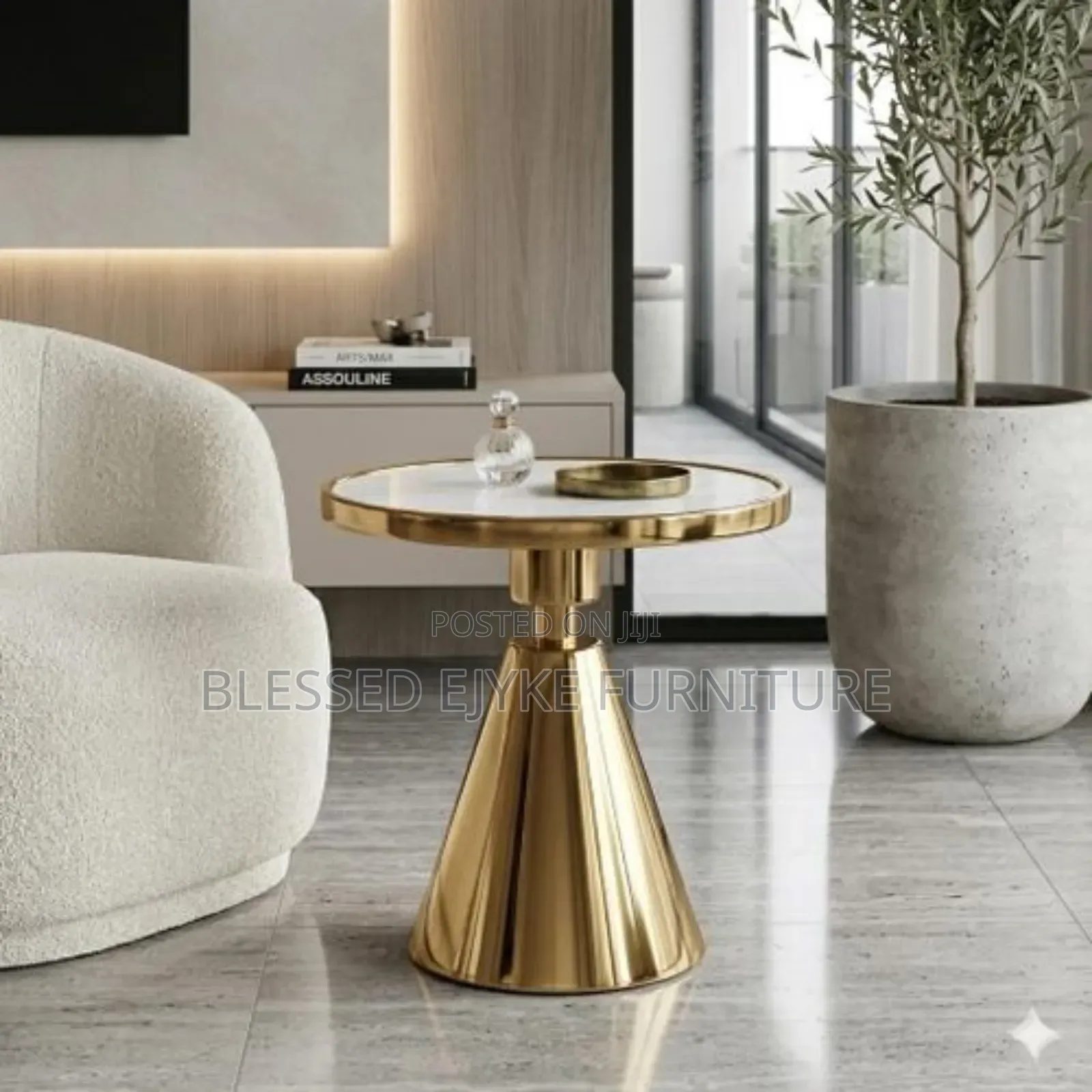 Luxury Gold Pedestal Side Table - Round Marble Top Table
