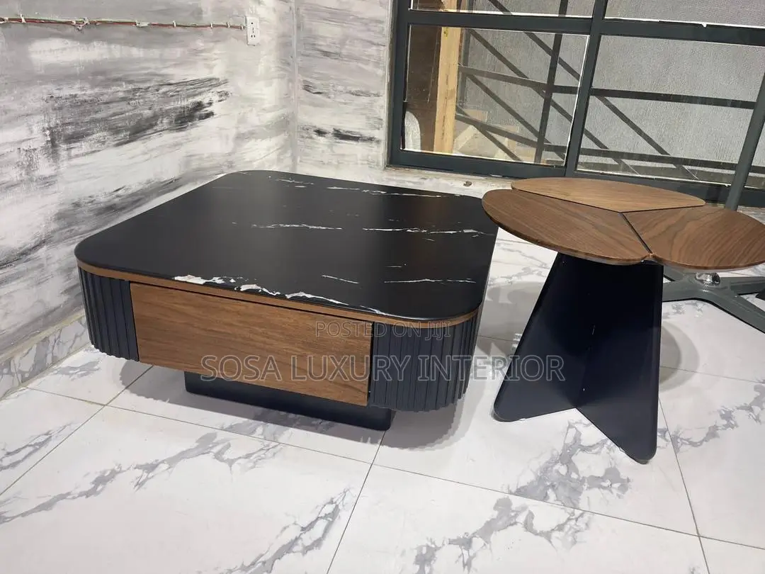 Round Black Marble and Wood Centre Table