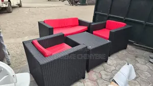 Black With Red Cushion Rattan Sofa