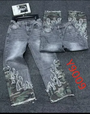 Designer Male Baggy Jeans - Camo Flame Patch | Y2k Streetwear | New