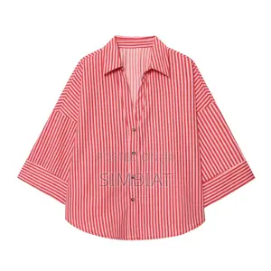 Stylish Women’S Striped Button-Down Shirt Featuring a Chic Red