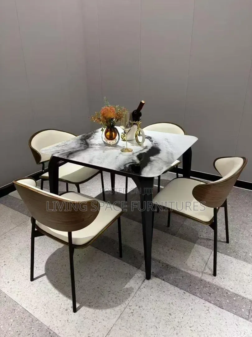 Marble Top Dining Table With Four Leather Chairs