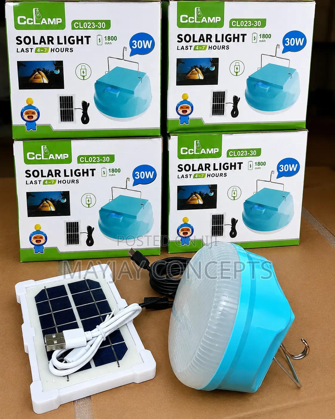 Cclamp 30w Solar Rechargeable Lamp With Panel Usb-C Fast Charge