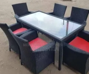 Rattan Six Seater-Dining Set With Glass Top Table