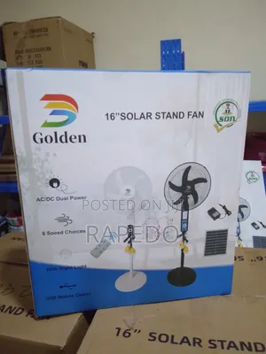 Golden Reachable Solar Standing Fan With Remote