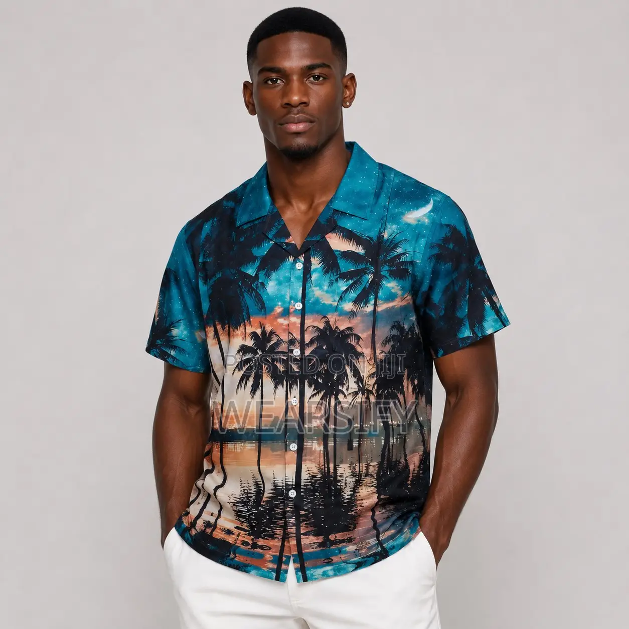 Tropical Palm Tree Sunset Short Sleeve Button-Up Shirt