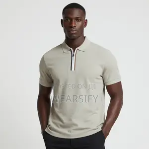 Classic Solid Beige Short Sleeve Zip Polo Shirt – Casual Polo for Men