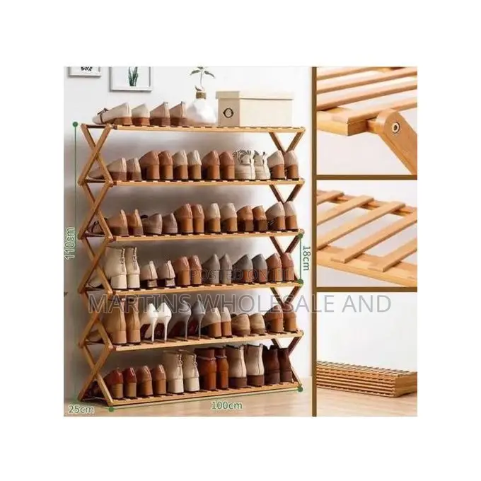 6-Tier Bamboo Foldable Shoe Rack With an X-Frame Design.