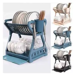 Blue, Two-Tier Plastic Dish Rack With a Built-in Utensil Holder
