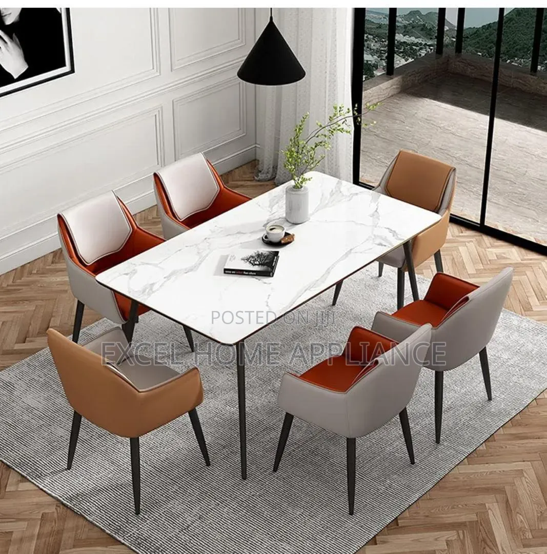 Modern Marble-Top Dining Table Set With Upholstered Accent Chairs