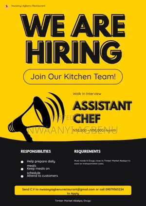 Assistant Chef Needed – Enugu