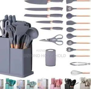19 Pcs,Kitchen Utensils Set With Holder,Large Silicone ,Wooden Handle
