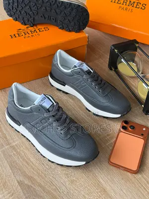 New Hermes Textured Leather Unisex Sneakers in Grey Cream Colorway