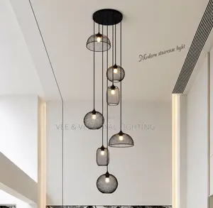 Modern 7-Drop Industrial Void/Staircase Chandelier–Luxury Mesh Pendant