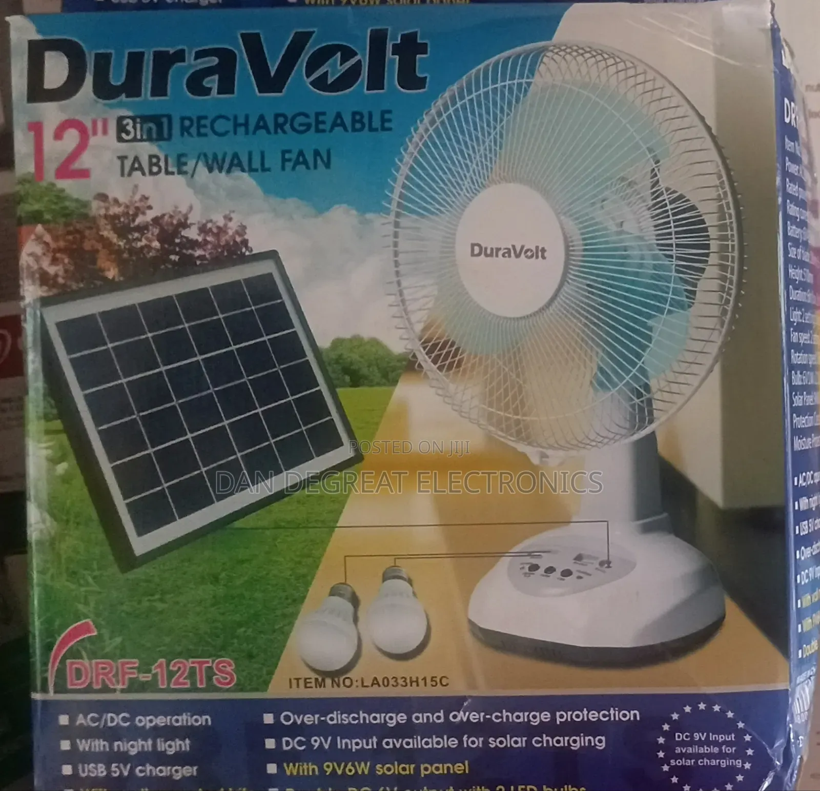 Duravolt 12" 3in 1 Rechargeable Table/Wall Fan With Panel