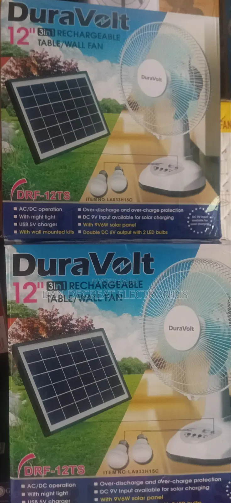 Duravolt 12" 3in 1 Rechargeable Table/Wall Fan With Panel
