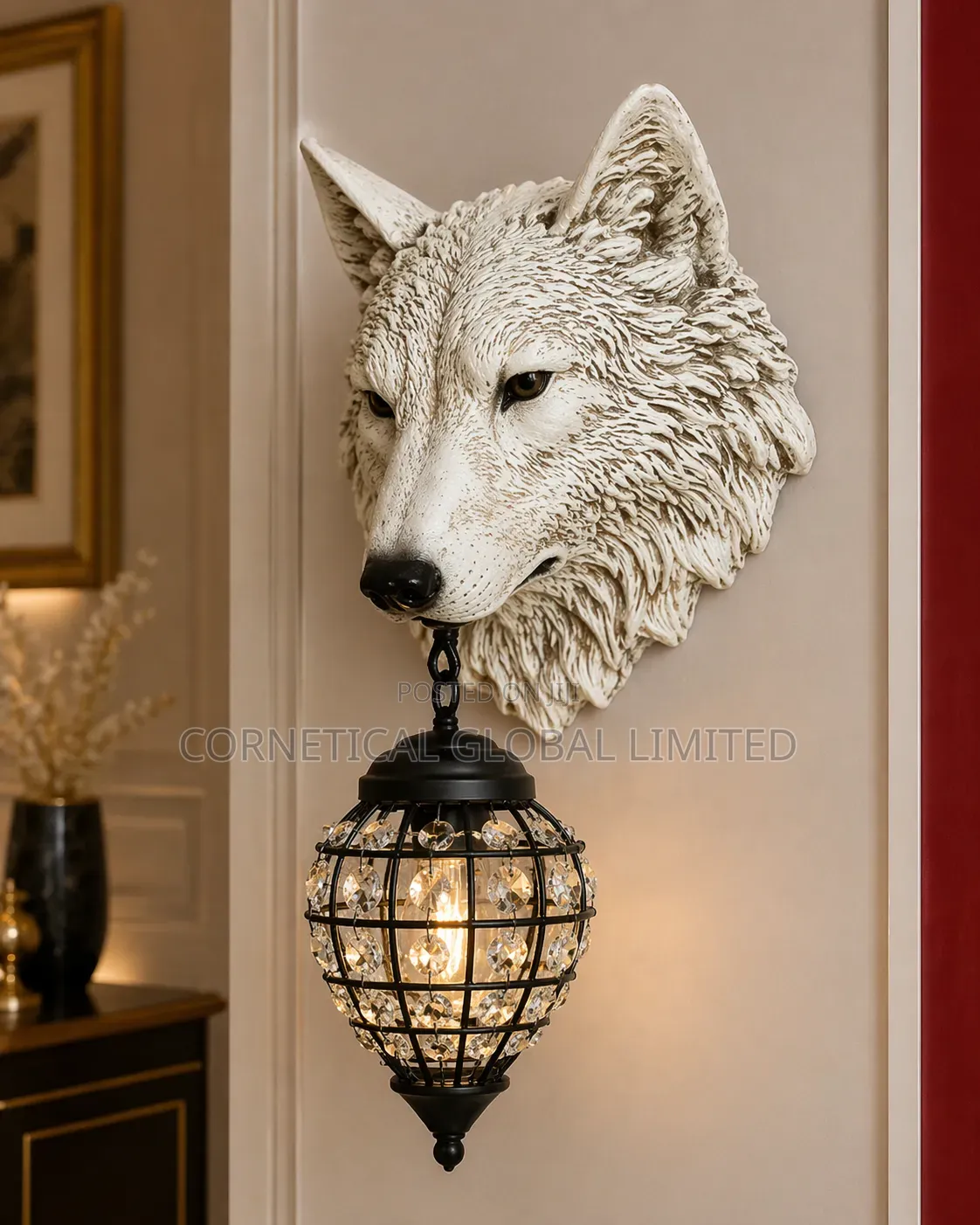 Modern Luxury (White/Gold) Wolf Head Wall Lamp With Crystal Lantern