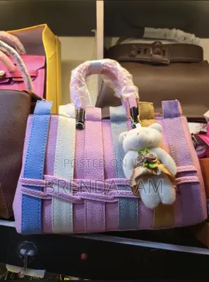 Pastel Rainbow Woven Tote Handbag With Teddy Charm
