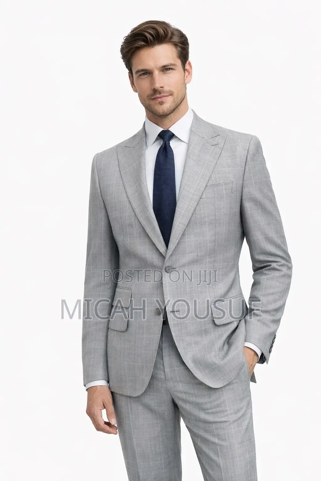 Men’S Light Grey Check Suit Slim Fit 2 Piece Wool Blend,
