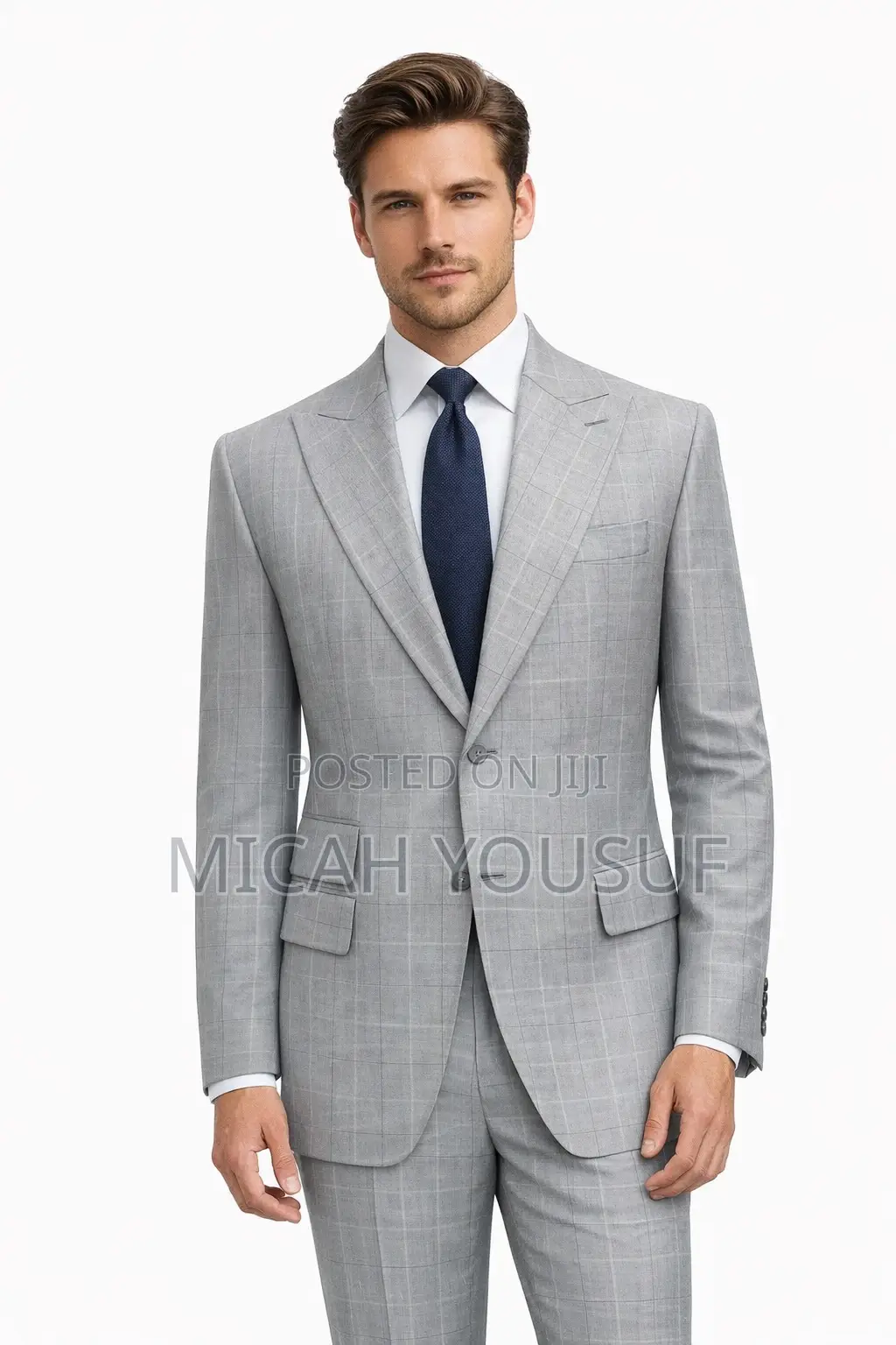 Men’S Light Grey Check Suit Slim Fit 2 Piece Wool Blend,