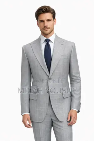 Men’S Light Grey Check Suit Slim Fit 2 Piece Wool Blend,