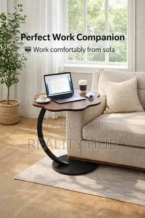 Curved Table With Wooden Top 40cm Compact End Table Metal Base Sofa
