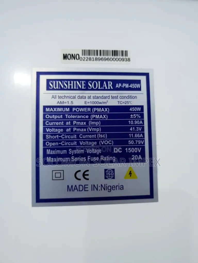 Sunshine Solar Panel 450watts