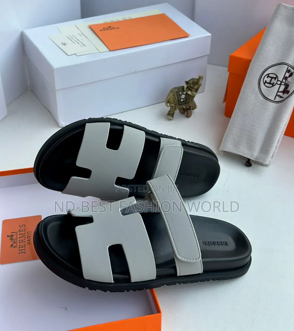 Hermes Black Leather Slippers