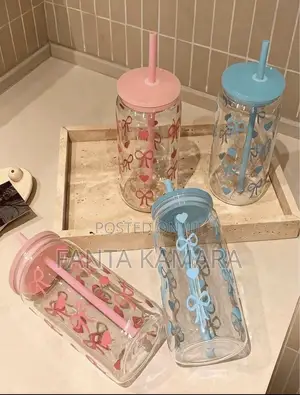 Cute Blue/Pink Bow Tumbler Cup With Straw