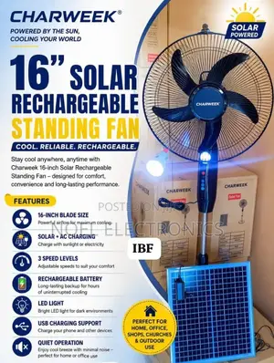 Charweek 16" Solar Rechargeable Standing Fan