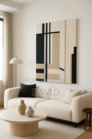 Modern Geometric Canvas Wall Art Neutral Beige Black Abstract Design