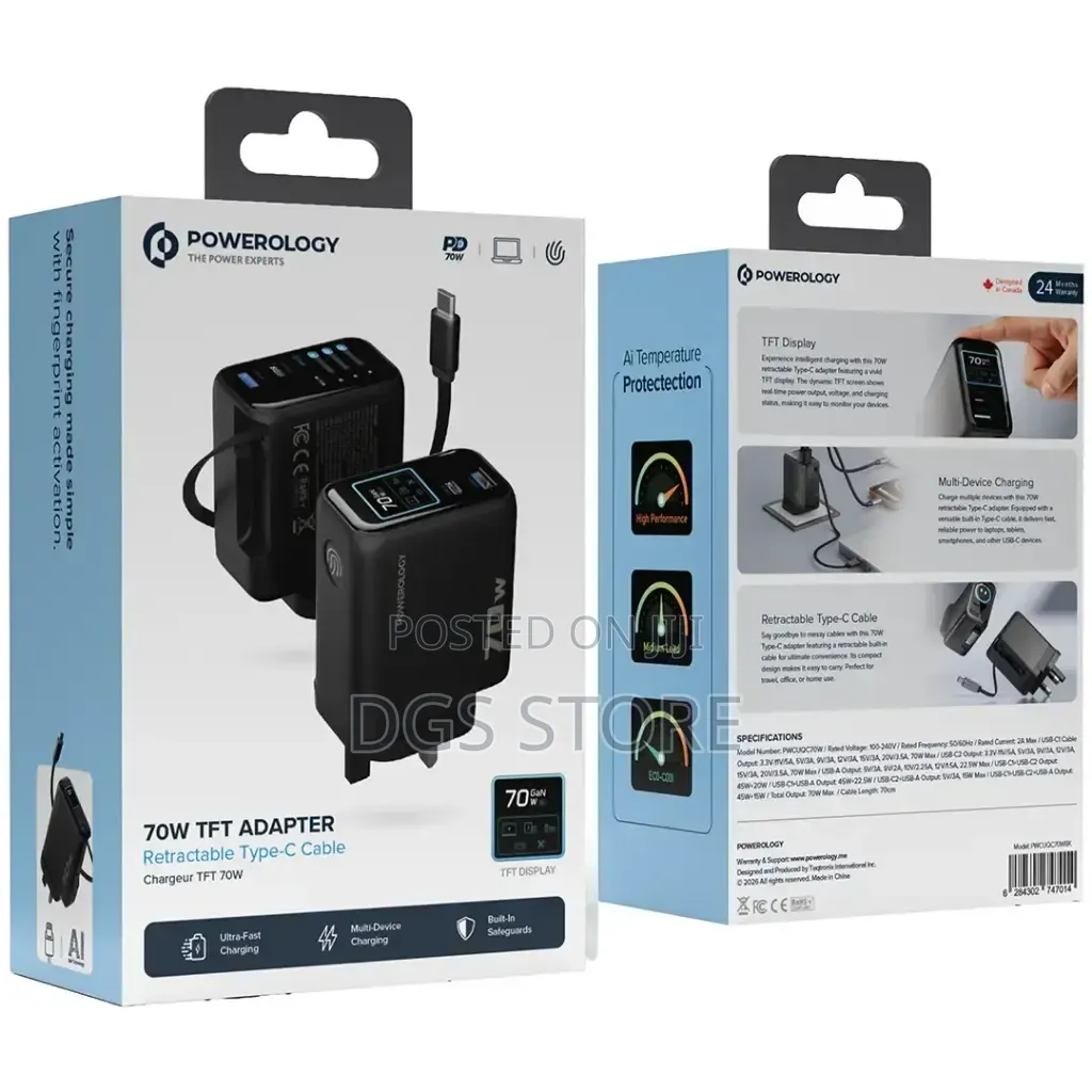 Powerology 70w Ai TFT Adapter Retractable Type C Cable