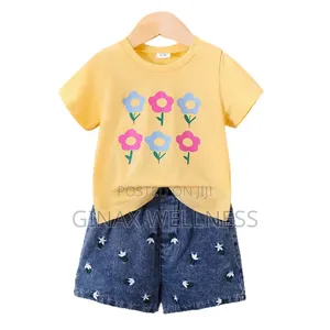 Floral Yellow Short-Sleeved T-Shirt and Jeans Shorts Set for Girls